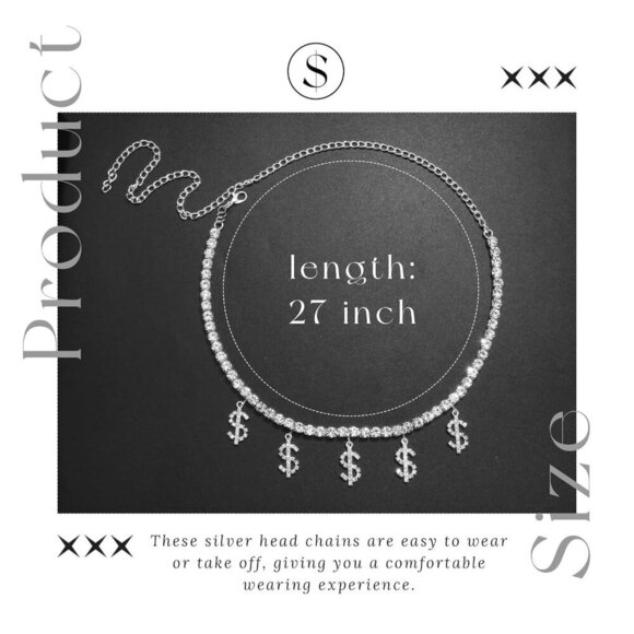 Women Silver Rhinestone Dollar Sign Head Chain Sparkly Party Hair Jewelry main image 4
